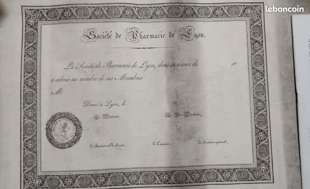 Diplôme Ancien - Société Libre Des Pharmaciens De Rouen (1858) - Document Historique
