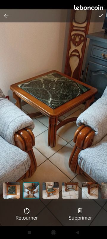 Vintage table de salon en marbre vert veiné blanc bois exotique (image 2)