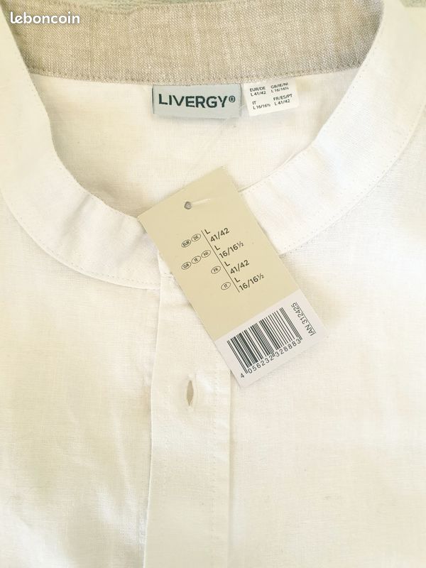 Chemise Blanche col Mao 55% lin 45 % Coton Neuve 41/42 (image 4)