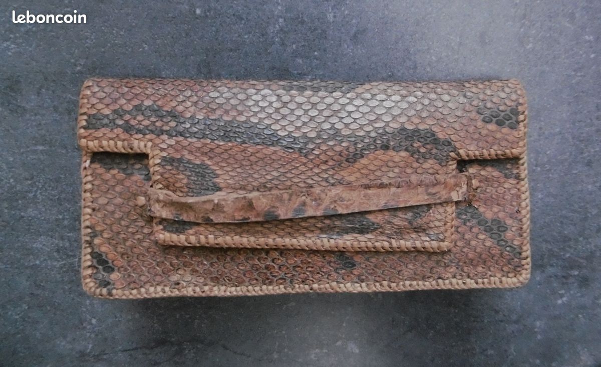 Sac à Main Pochette En Cuir Véritable Effet Peau De Serpent Noir - Marque Jasmin, Occasion Bon état