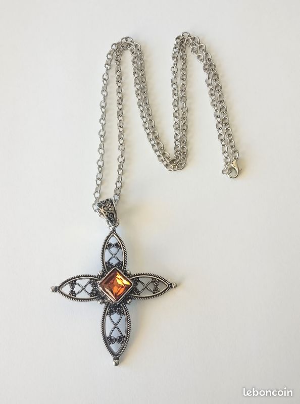 Chaîne En Argent 925 Avec Pendentif Ambre Orange - Style Ethnique Et Naturel