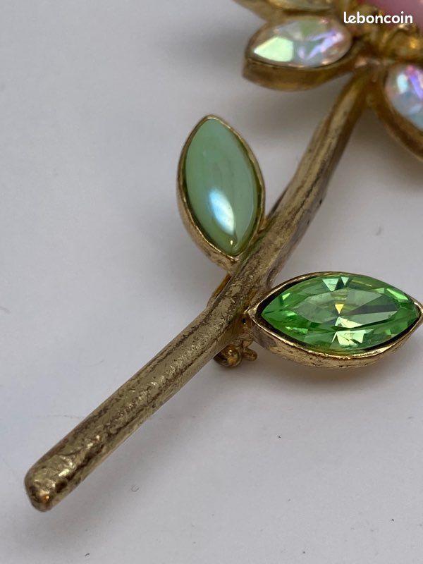 Broche Vintage Made In New-York, Alliage Doré Et Lucite Verte - Occasion En Bon état, Bijou Rétro