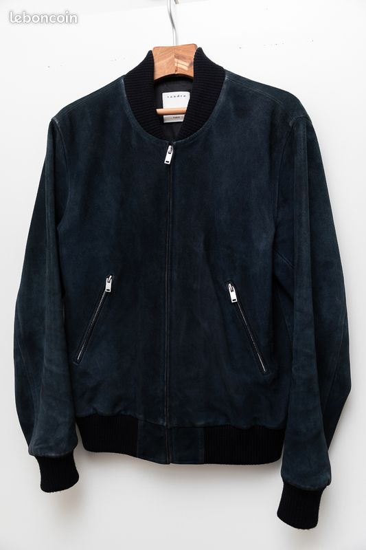SANDRO blouson bomber en cuir daim bleu S Vêtements