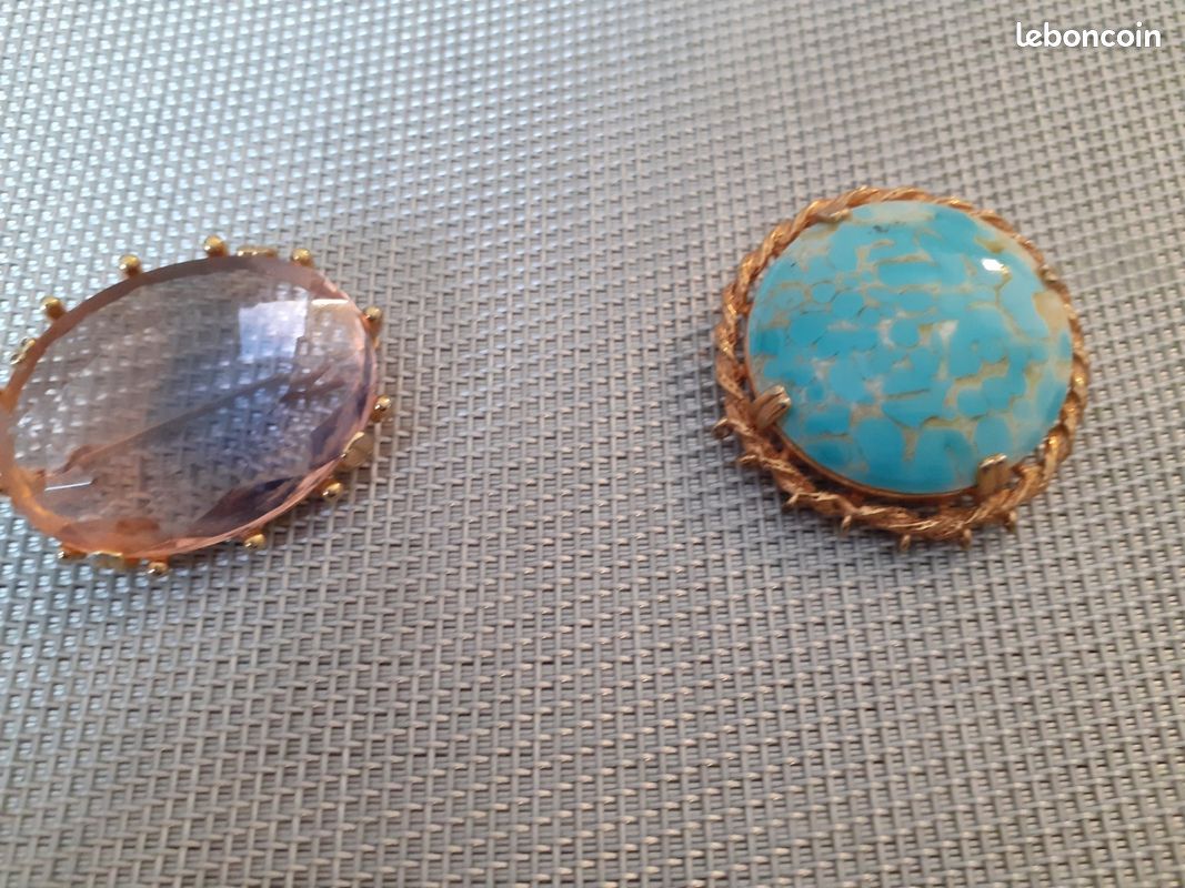 Brocante : Grande Broche Années 50/60 En Verre Taillé Bleu Marbré Or - Très Bon état