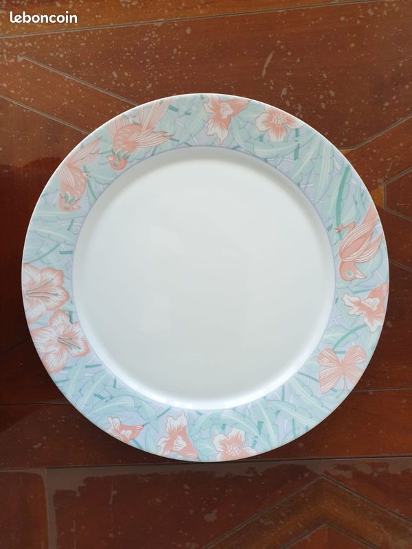6 Assiettes neuves creuses et rondes + 1 grand plat rond en porcelaine Arcopal motifs fleurs et oiseaux (image 2)