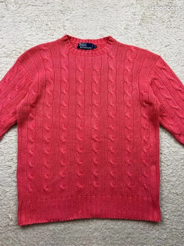 Pull torsadé col rond Ralph Lauren rose vintage 80's L homme