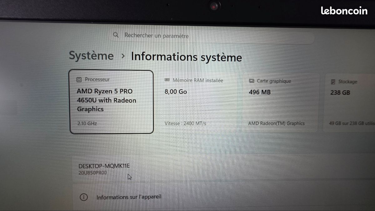 LENOVO Thinkpad L15 Gen 1 AMD Ryzen 5 PRO 4650U , SSD NVME 256GO, RAM 8 GO FHD (image 7)