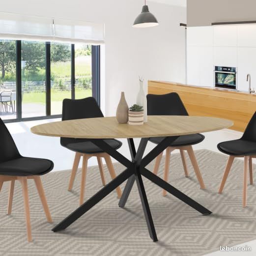 Table à Manger Ovale 150 cm – Plateau Effet Bois & Pied Araignée en Métal Noir – Style Industriel Loft – 8 Personnes (image 5)