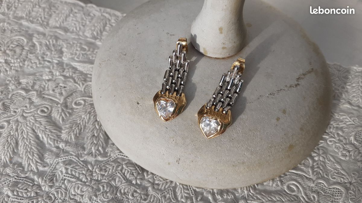 Boucles D'oreilles Vintage Années 70 - Pendants à Strass - Fermoir Dormeuse - Argenté - Parfait état