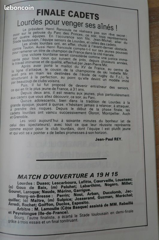 Dépliant Rugby 1980 RC Toulon Vs SC Craulhet Quart De Finale Cadets Béziers FFR