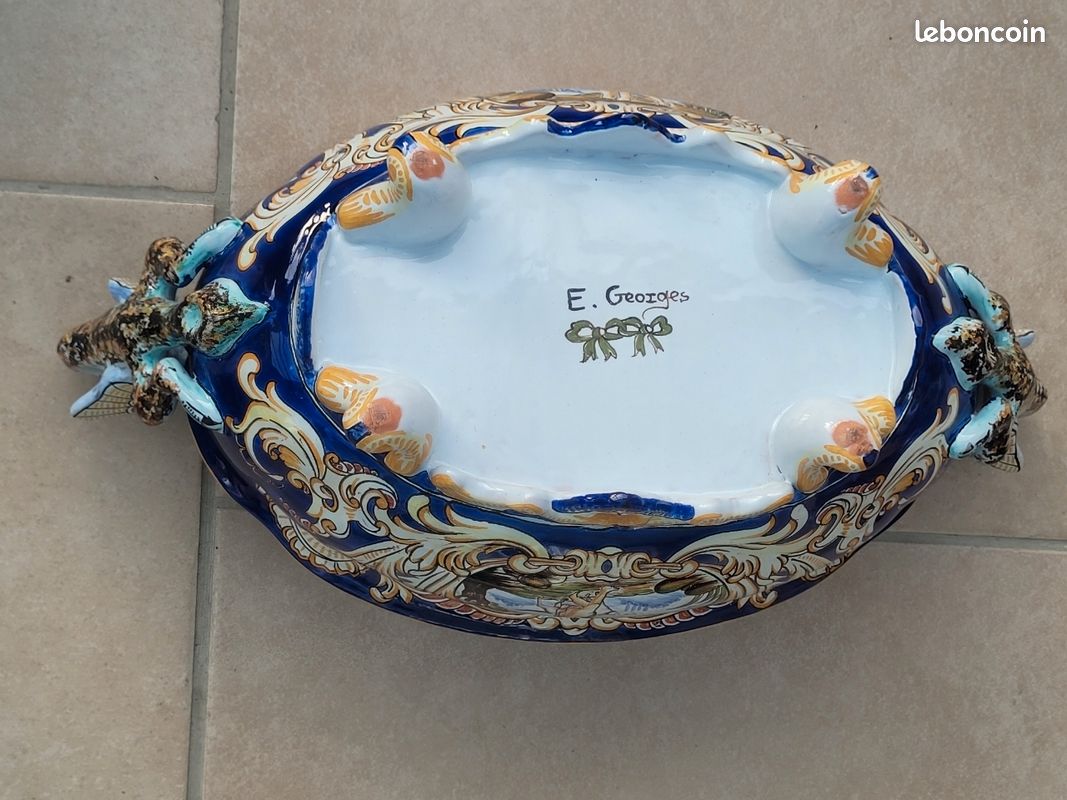 Jardinière Faïence Ancienne – Bleu – Anges Et Femmes – Décorative