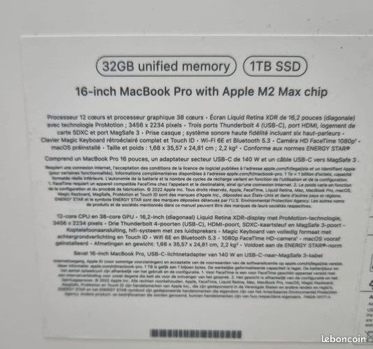 MACBOOK PRO 16pouces M2 MAX 32GO 1To SSD (1000Go) (image 2)