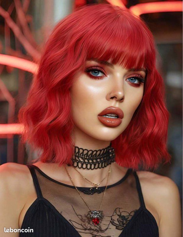 Perruque Femme Courte Rouge Avec Frange - Cheveux Synthétiques Ondulés, Bonnet Monofilament, Taille Moyenne