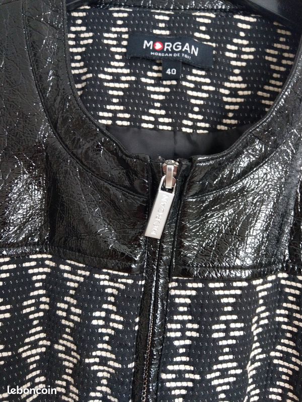 Veste blouson jacquard Morgan noir écru vinyle taille 40 M TBE (image 2)