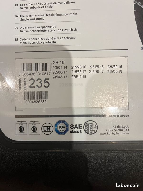 Chaînes Neige König XB-16 245 - Set De 2 - Homologuées TÜV Pour Véhicules