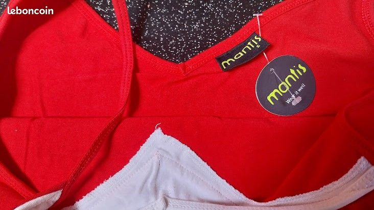 Lot de 5 débardeurs femme en coton extensible à bretelles marque Mantis dimensions pour la taille S aisselle à aisselle 36 cm longueur à partir de l'aisselle 34 cm rouge et blanc (image 6)