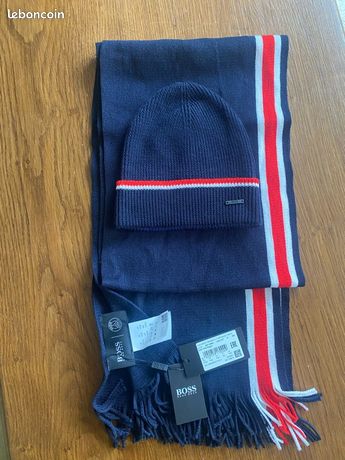 Écharpe Unisexe Hugo Boss En Laine – Rayée Bleu/gris, étiquette Rouge – Occasion