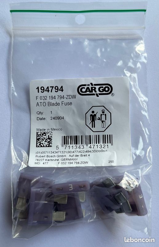 Lot de 10 sachets de 10 fusibles automobiles ATO 3A - HC-Cargo 194794 Groupe BOSCH (image 1)