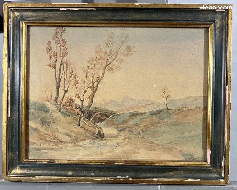 Aquarelle début XXème signée : paysage sentier en Montagne (image 1)