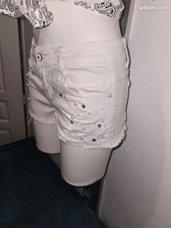 Short en jean blanc avec perles et strass jovial denim m 38 (image 8)