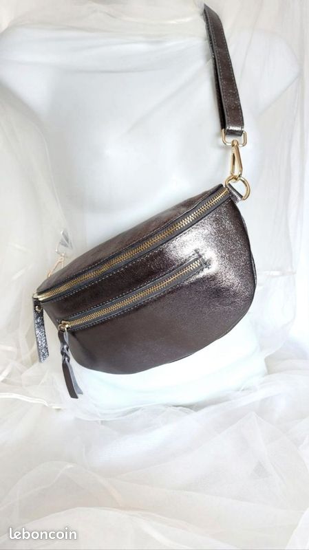 Sac banane cuir gris et porte cartes assorti neuf (image 3)