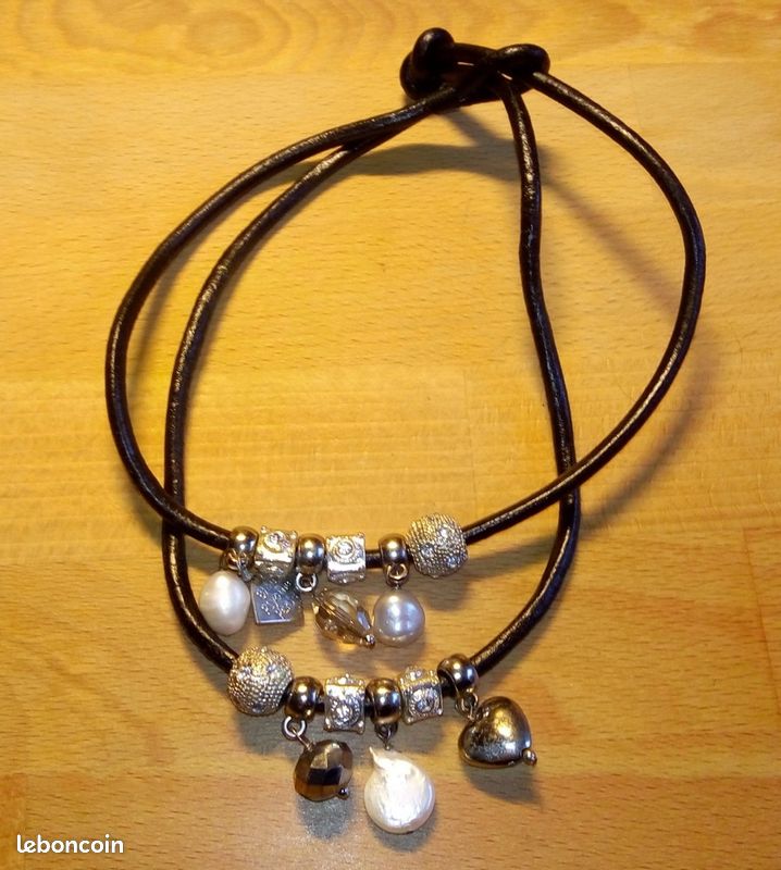 Collier 2 rangs cuir et charms Bleu Pivoine (image 5)