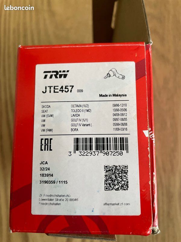 Rotule De Direction TRW JTE457 - Compatible VW Golf IV, Audi A3, Seat Leon - Filetage M12x1,5