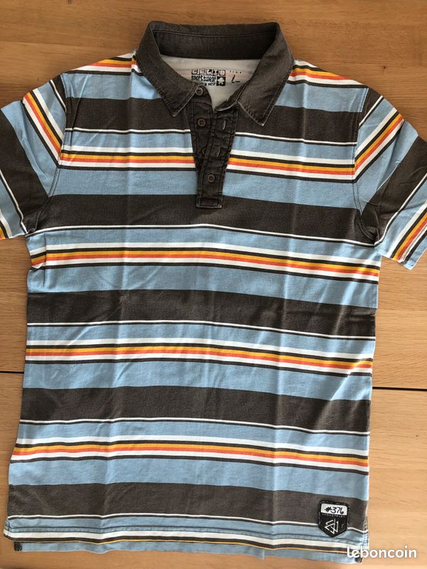 Polo Homme taille L à manches courtes Célio* à rayures chocolat / bleu ciel / orange (image 2)