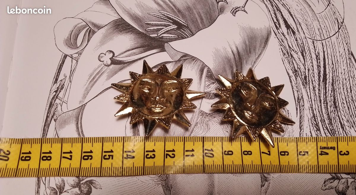 Boucles D'oreilles Vintage Clips Ambre Libertine - Motif Soleil En Métal Doré, Sans Pierre