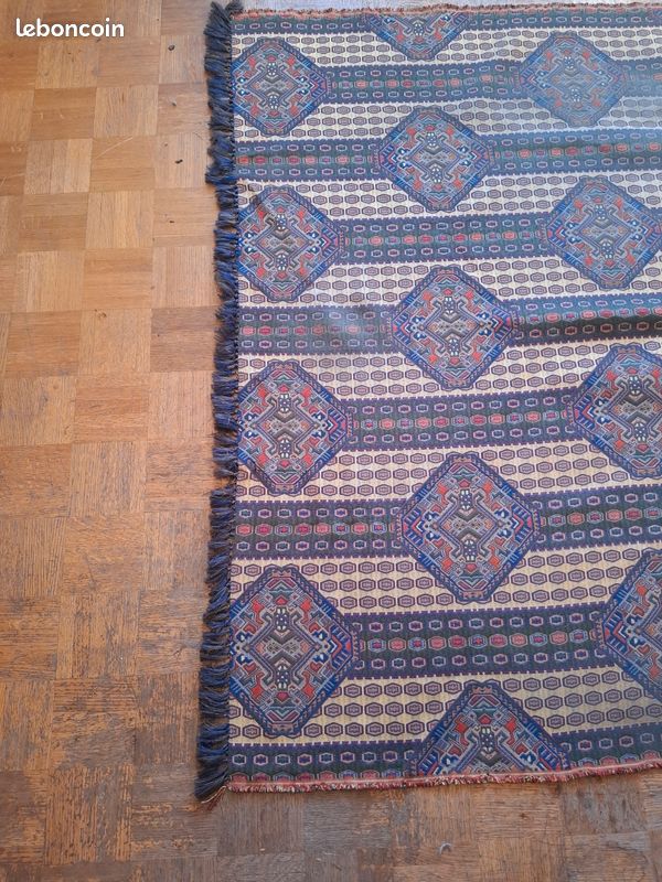 Tapis Oriental Bleu 4x6 Pieds – Fait Main En Laine, Semi-antique, Motif Fleuri