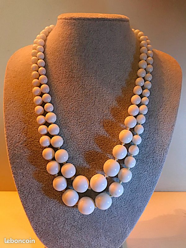 Collier Ancien Double Rang En Perles De Verre Polies Et à Facettes - Vert Et Blanc, Occasion Très Bon état