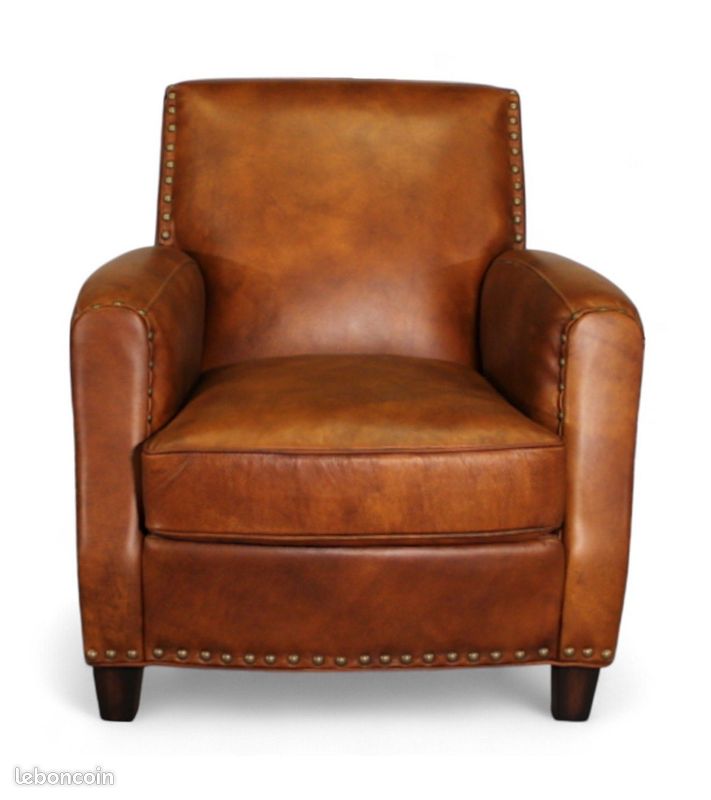 Fauteuil club cuir pleine fleur marron vieilli clouté – Henri (image 4)