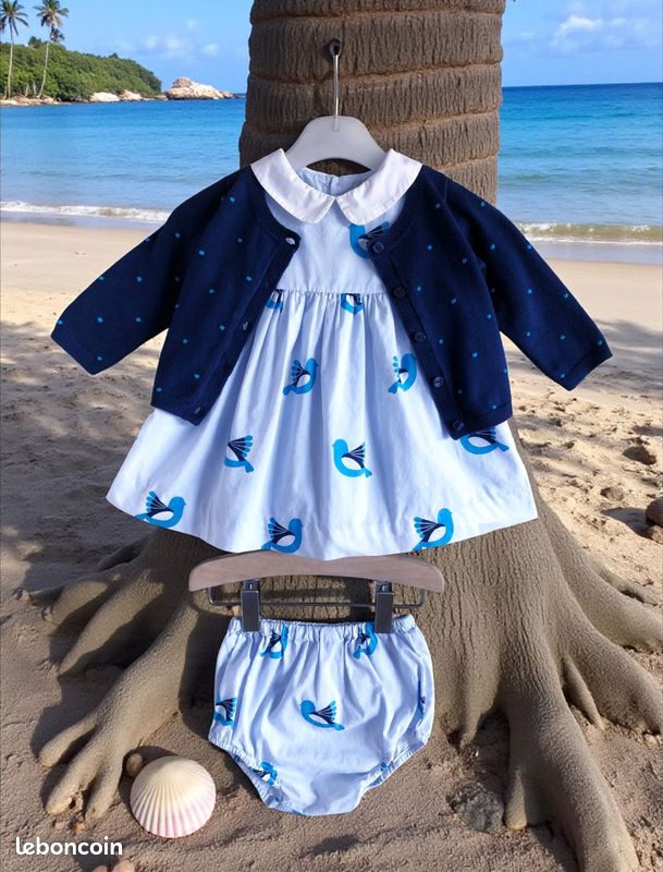 Jacadi - ensemble 3p bébé fille - robe, culotte & gilet motif tourterelles 6m (image 2)