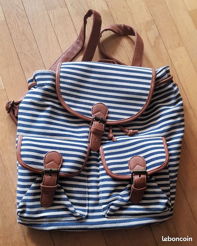 Sac à dos en toile solide à rayures bleu et blanc avec renforts et bandoulières en cuir fermetures métal TBE (image 5)