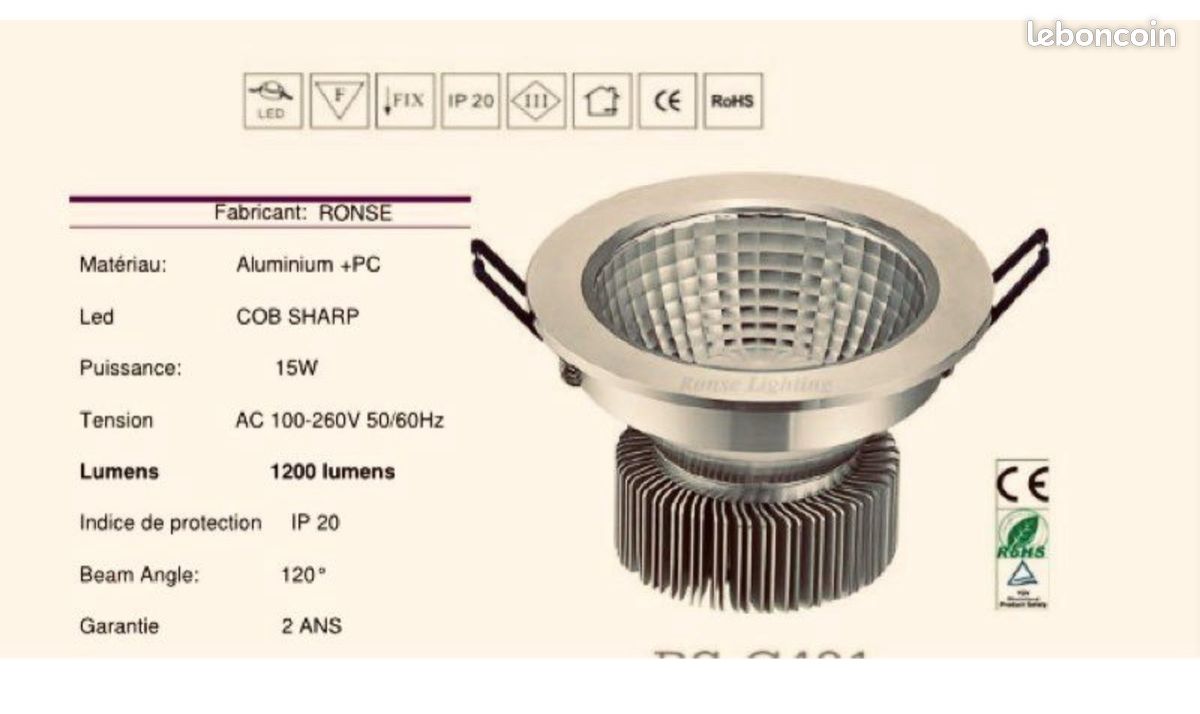 Spot LED encastré 15 watts 1200 lumens ( plusieurs disponibles ) (image 1)