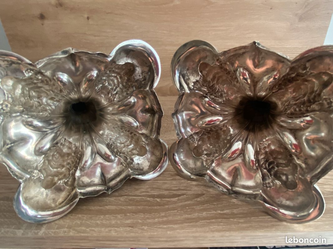 03D3 PAIRE ANCIEN BOUGEOIRS FLAMBEAUX XIXe BRONZE ARGENTE EPOQUE RESTAURATION