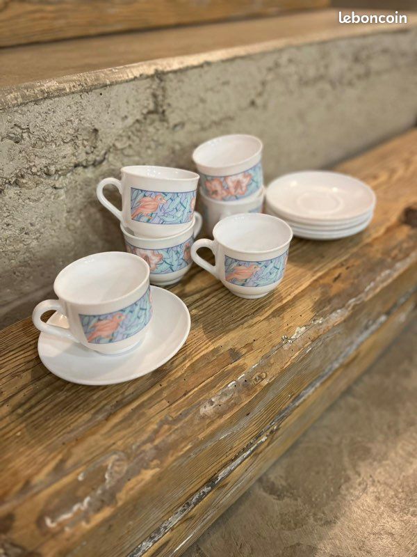 Service à Café Vintage ARCOPAL Narcisse - 6 Tasses Et Sous-Tasses - Blanc Fleuri