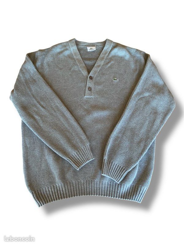 Pull Lacoste col V boutonné en maille gris chiné en taille L/XL
