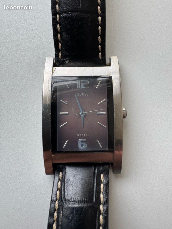 Montre Guess Pour Hommes - Cadran Marron, Boîtier Acier Inoxydable, Bracelet Cuir Véritable - Neuve Avec étiquettes
