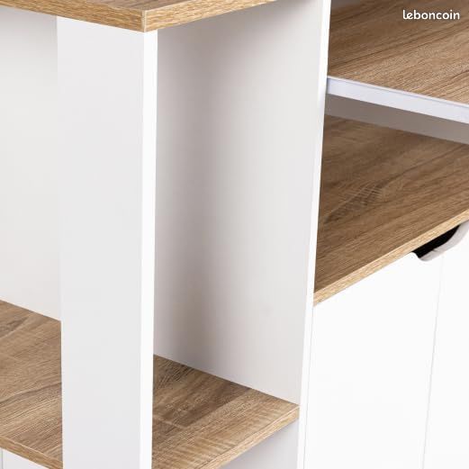 Desserte de Cuisine Mobile â Plan de Travail & Tablette Coulissante â Blanc et Bois façon HĂȘtre â L. 76 cm â Nombreux Rangements (image 5)