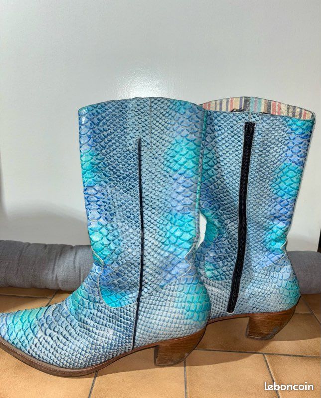 Bottes Santiags Python Gris-noir Taille 37 - Marque JEENZ BOOTZ, Talon Aiguille, Neuf Sans Boîte