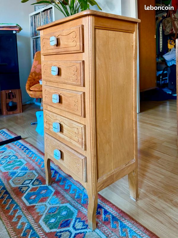 Chiffonnier / Commode vintage 5 tiroirs - Bois massif rénové - Années 60 (image 5)