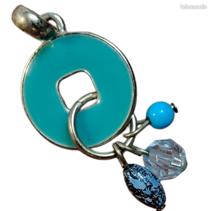 Broche Ronde En émail De Limoges - Bleu Turquoise Sur Paillon Argent - Occasion Bon état
