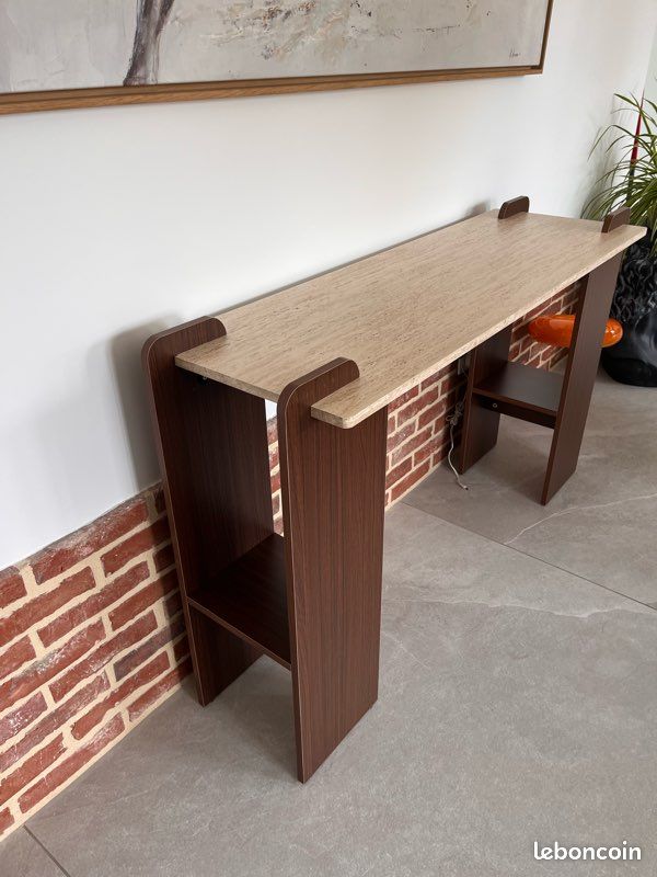 Console design art déco effet bois et travertin (image 3)