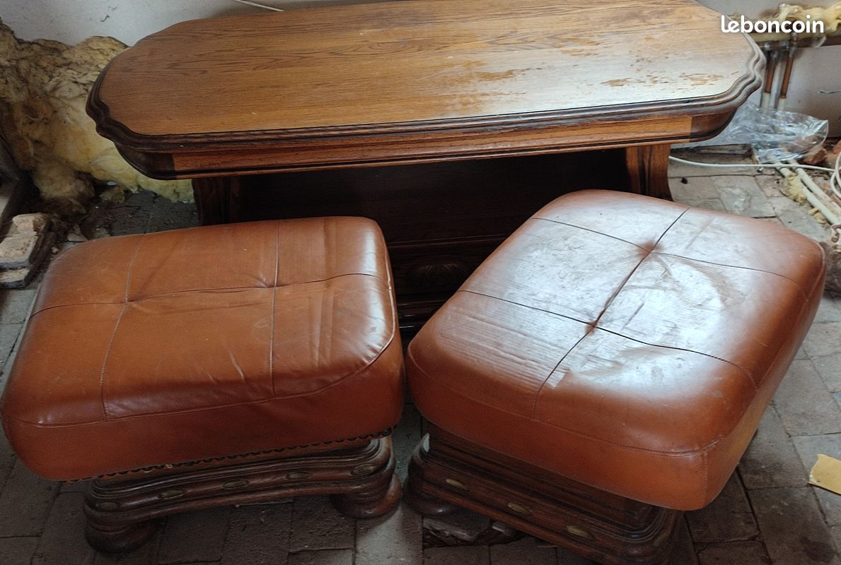 Table salon et ses 2 poufs coffres chene massif (image 1)