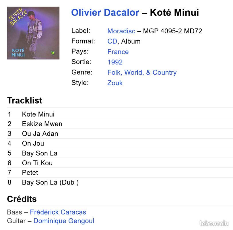 Olivier Dacalor . Koté Minui .CD (image 2)
