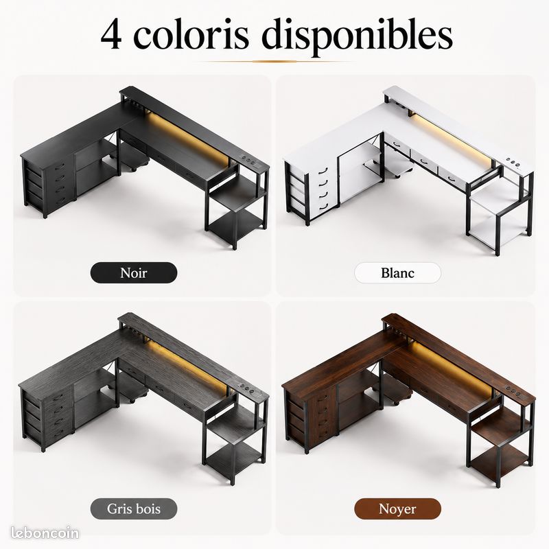 Bureau gamer 200cm L réversible LED prises USB setup gaming complet (image 5)
