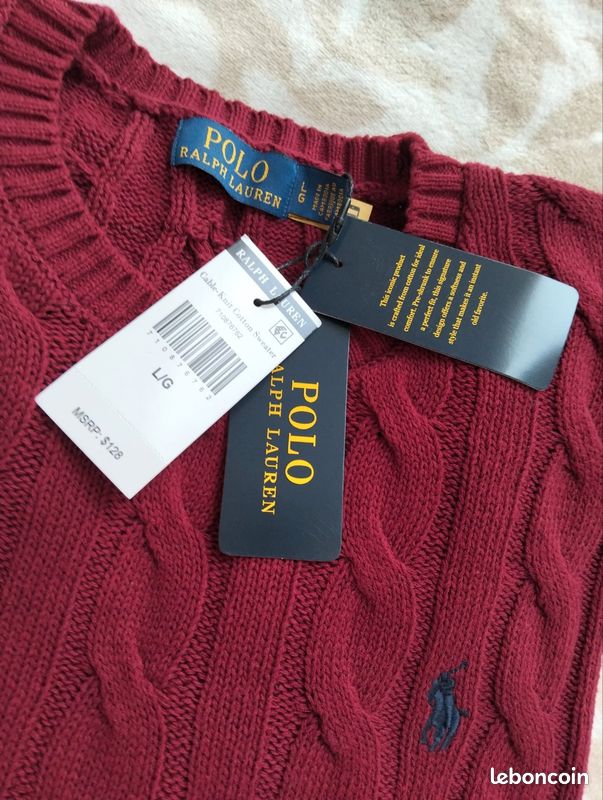 Pull homme ralph lauren torsade rouge bordeaux taille L 100% coton