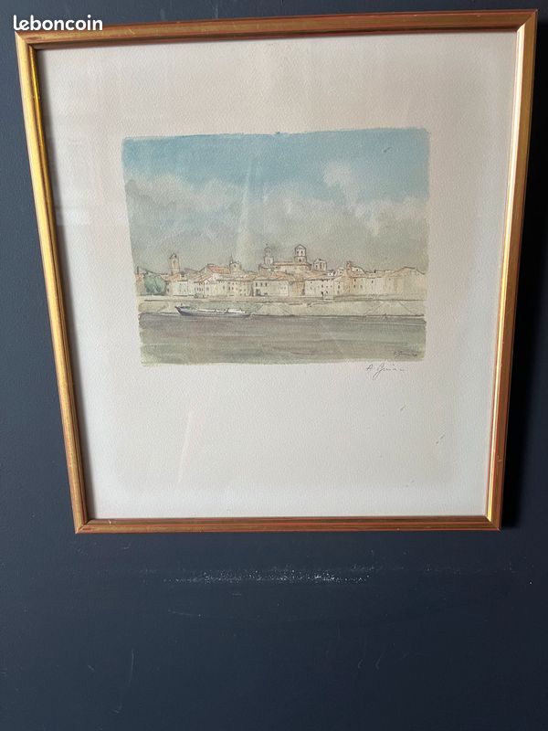 Lithographie signée encadrée. Représentation d’un quai et de sa ville en arrière plan (image 2)