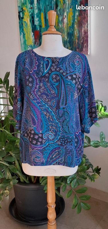 Sublime blouse vintage tons bleus, violets taille 44-46 (image 1)